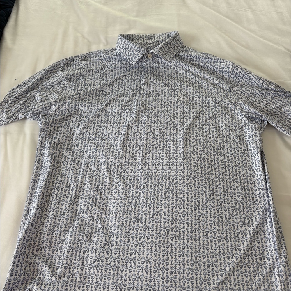 Rhoback White Polo Shirt with Blue Micro Doodle Pattern